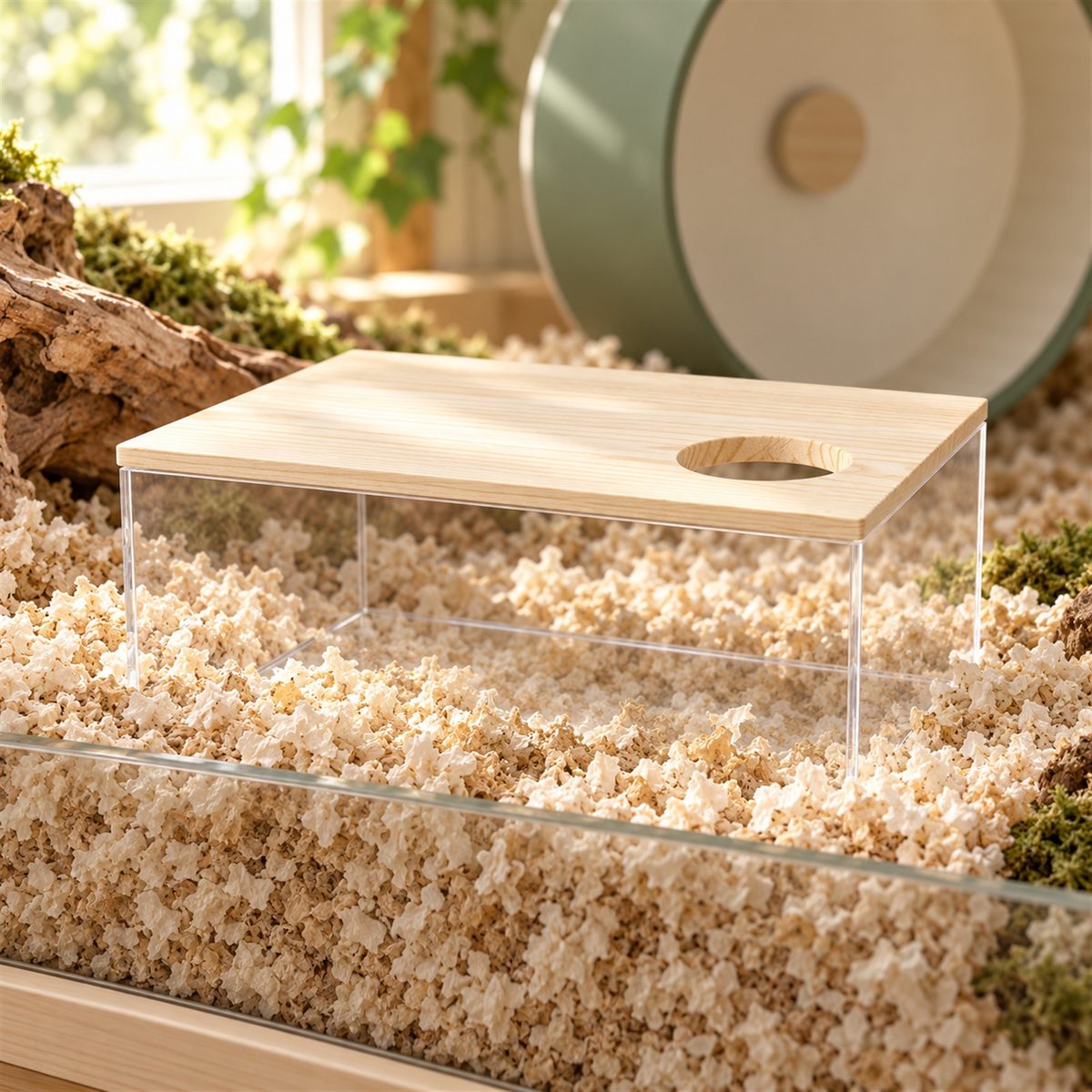 Illustrative image of Clear Sand Bath House with Wooden Lid in a hamster habitat scene
