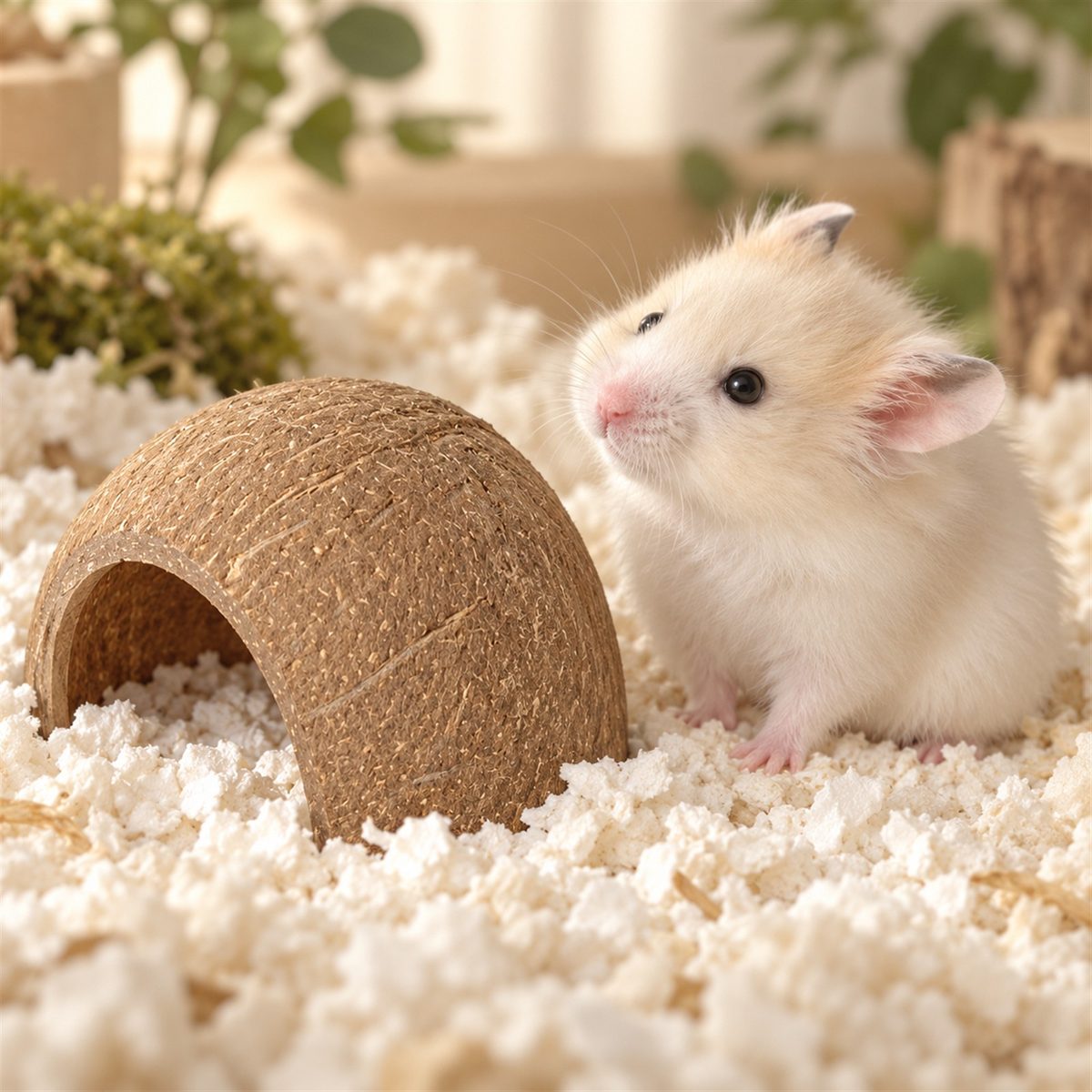 Illustrative image of Coconut Hideout with our hamster Guga beside it