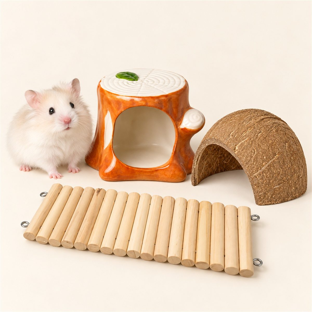 Illustrative image of Deluxe Hideout Kit with our hamster Guga beside it