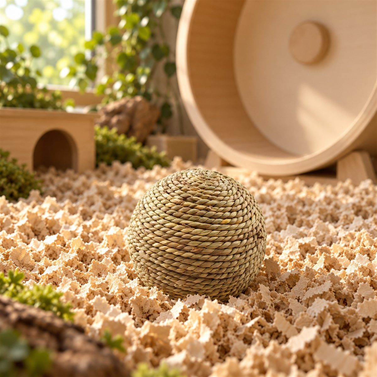 Illustrative image of Woven Chew Ball in a hamster habitat scene