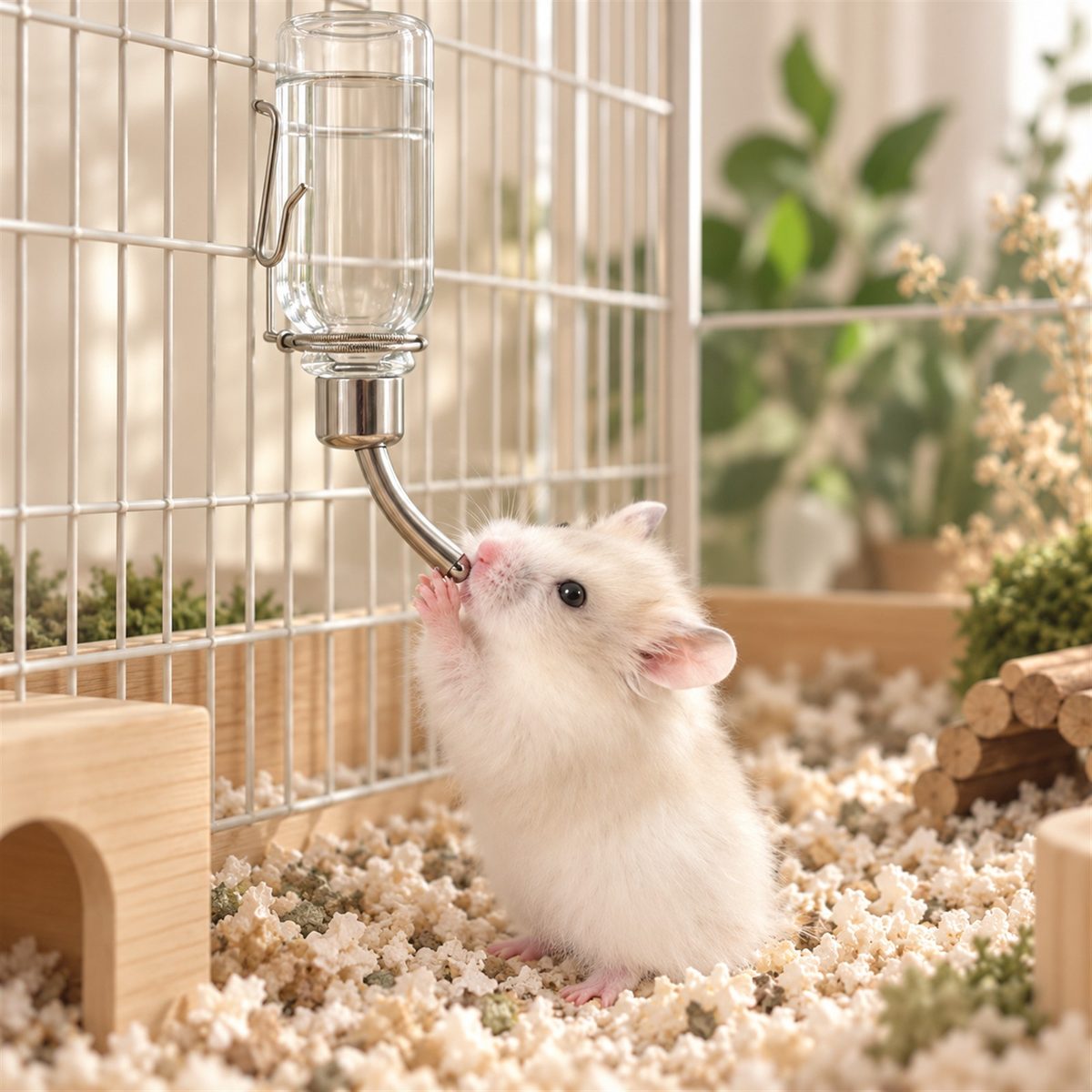 Illustrative image of Hanging Water Bottle with our hamster Guga beside it