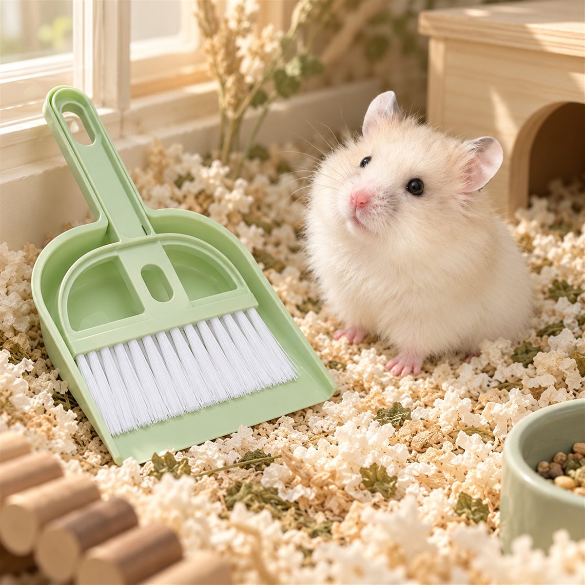 Illustrative image of Mini Broom & Dustpan Set with our hamster Guga beside it
