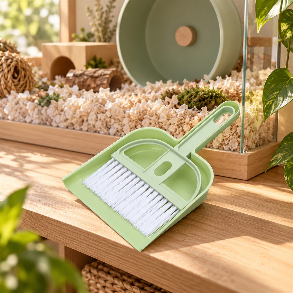 Illustrative image of Mini Broom & Dustpan Set in a hamster habitat scene