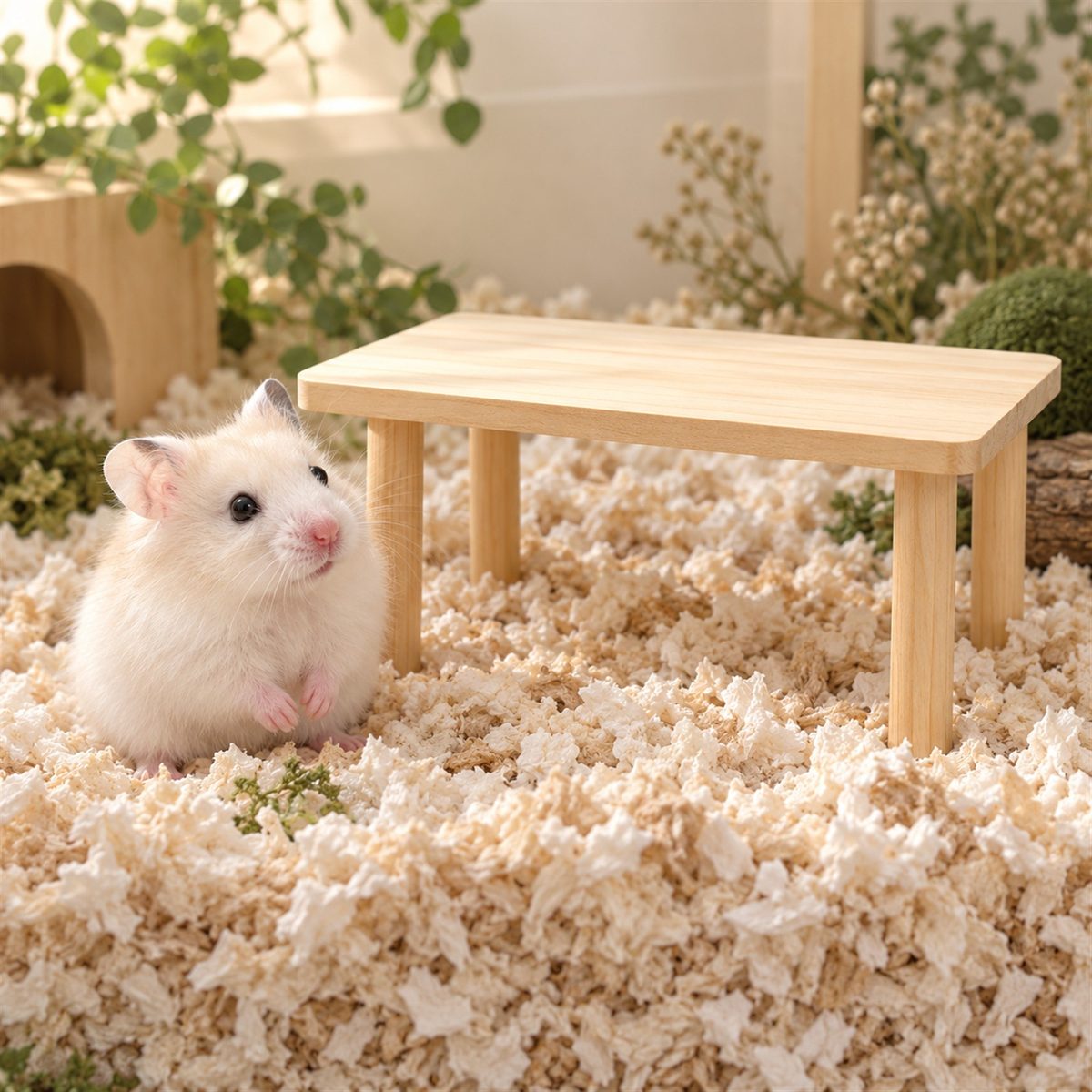 Illustrative image of Wooden Platform Table with our hamster Guga beside it