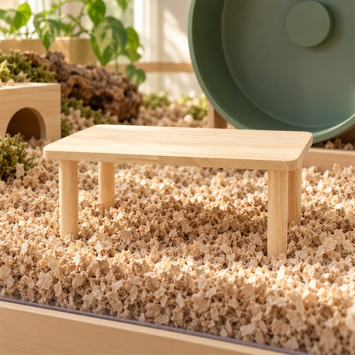 Illustrative image of Wooden Platform Table in a hamster habitat scene