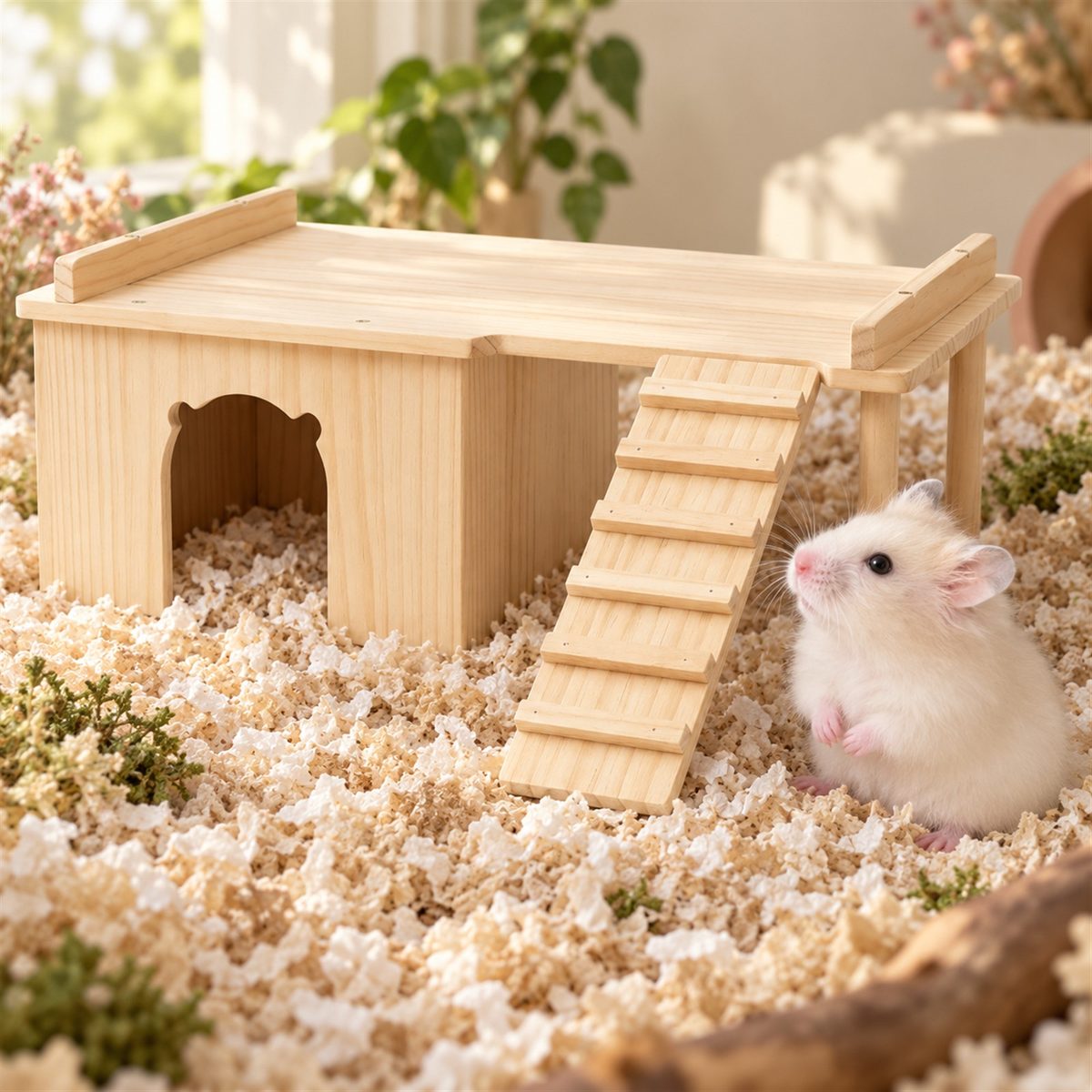 Illustrative image of Two-Level Wooden Hideout with Ladder with our hamster Guga beside it